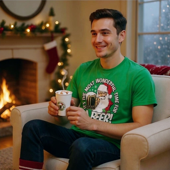 MAD Engine Holiday Tee – L Green Cotton Crewneck “Santa Likes Beer Too” Graphic - Picture 1 of 9